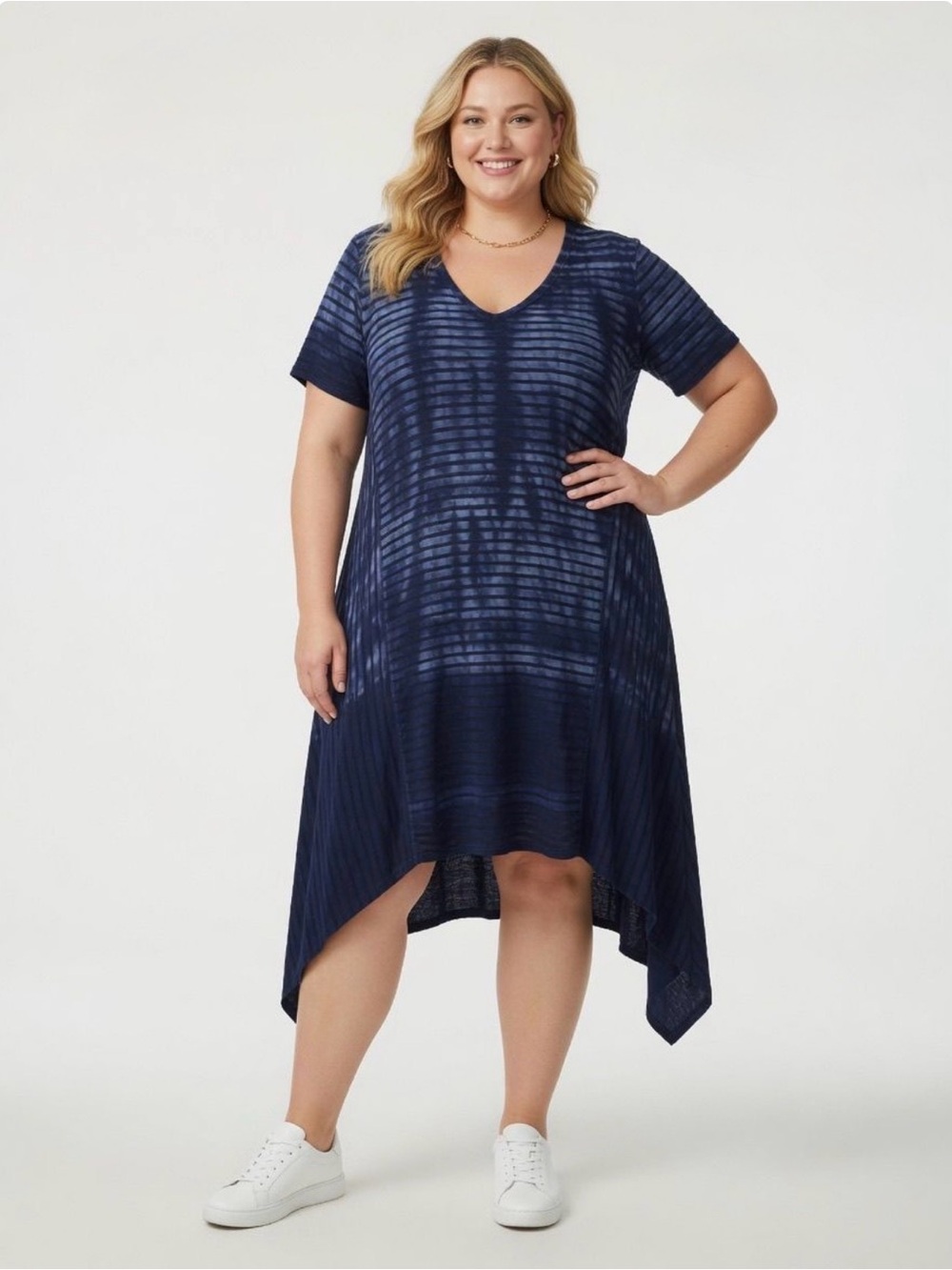 Nanette Lepore Navy Blue Tie-Dye Striped V-Neck Midi Dress